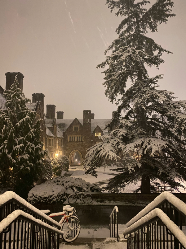 Snow-covered landscape overlooking Cuyler Hall.